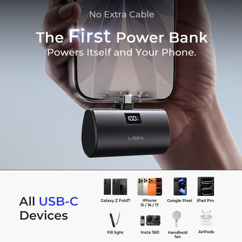 LISEN Small Portable Charger 7000Mah Mini Portable Charger Power Bank for Apple Watch & Iphone Series 16-12 USB Type-C Charger Digital Display, Lightwight and Compact Travel-Friendly Design