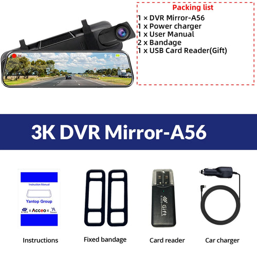 3K+2.5K DVR Mirror for 10"Dash Cam Recorder Optional Rear Camera Night Vision Hisllicon Chip GPS WIFI 24H Parking Monitor