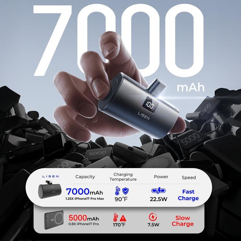 LISEN Small Portable Charger 7000Mah Mini Portable Charger Power Bank for Apple Watch & Iphone Series 16-12 USB Type-C Charger Digital Display, Lightwight and Compact Travel-Friendly Design