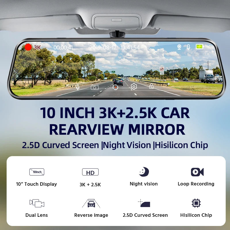 3K+2.5K DVR Mirror for 10"Dash Cam Recorder Optional Rear Camera Night Vision Hisllicon Chip GPS WIFI 24H Parking Monitor