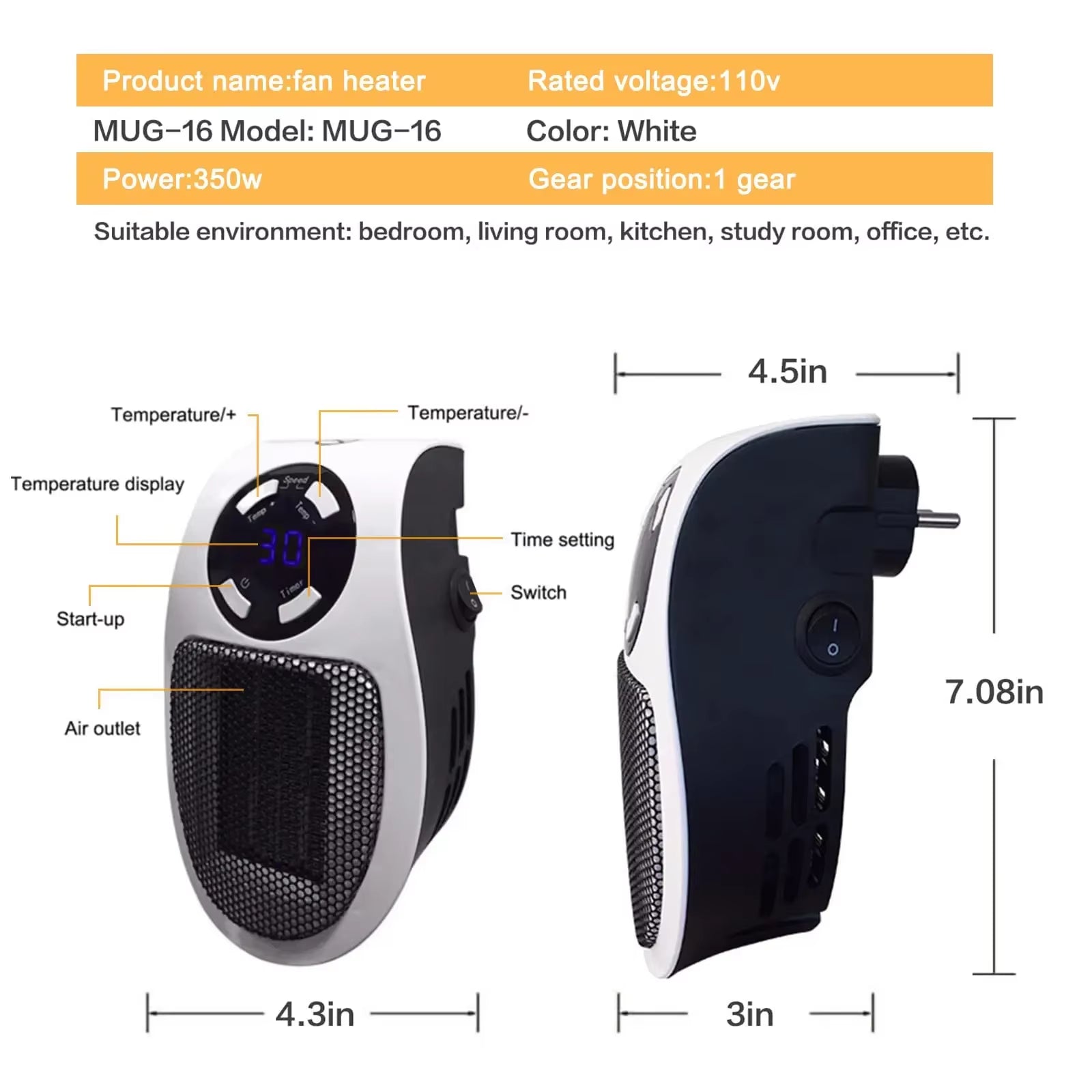 500W Smart Wall Outlet Electric Heaters with Adjustable Thermostat Timer LED Display Space Heater Office Dorm Dog Room 220V/110V